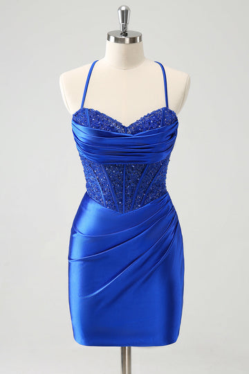 Vestido de fiesta corto azul real con espalda con cordones y brillantes y corsé ajustado